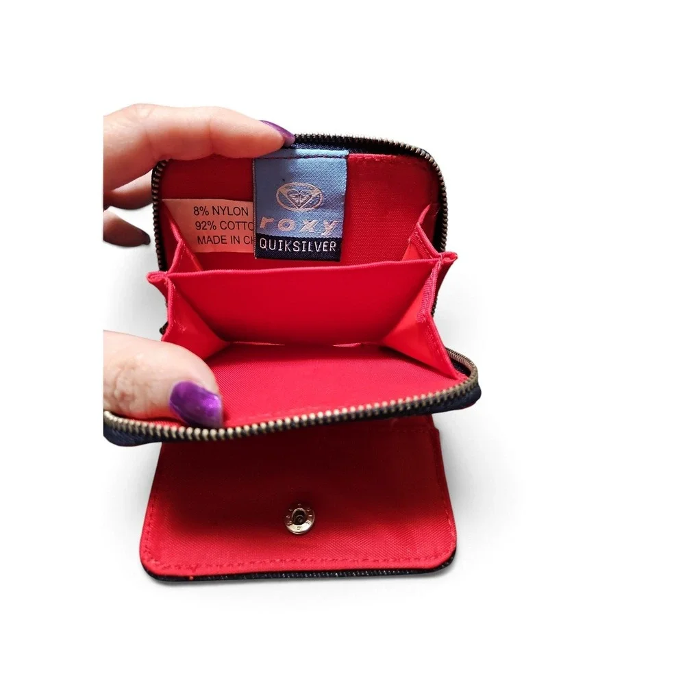 Roxy Quiksilver Denim Bifold Wallet Blue Red Rhinestone Heart Studded Y2K Surf